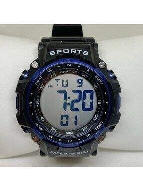 Men’s digital lcd sport watch 54mm day date quartz blue black tone running